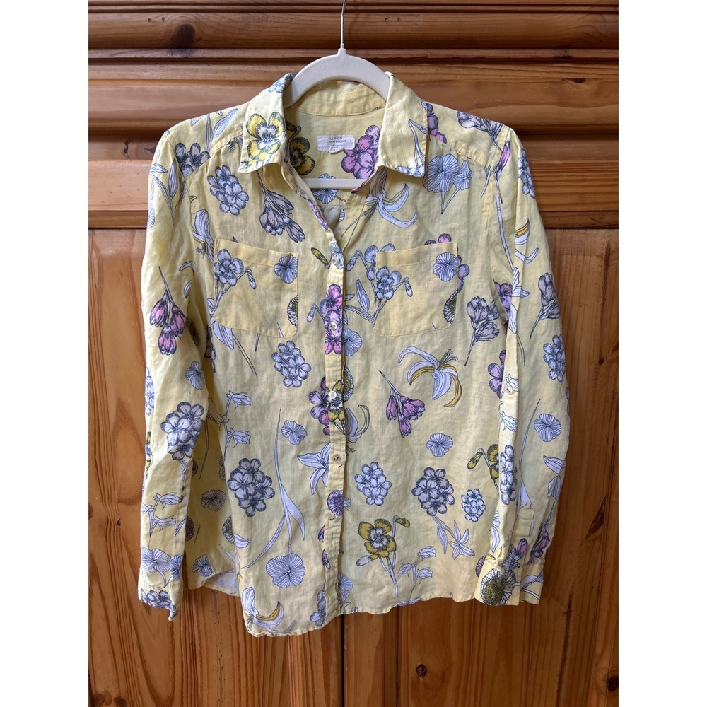 Charter Club Luxury Women's Yellow Floral 100% Linen Button Down Floral Top